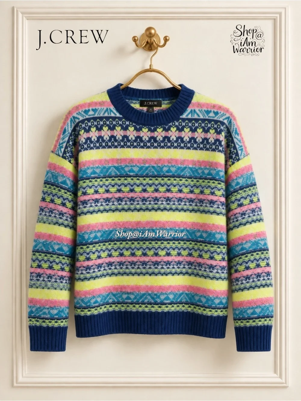 J.Crew Neon Fair Isle Mohair Wool Blend Striped Crewneck Sweater